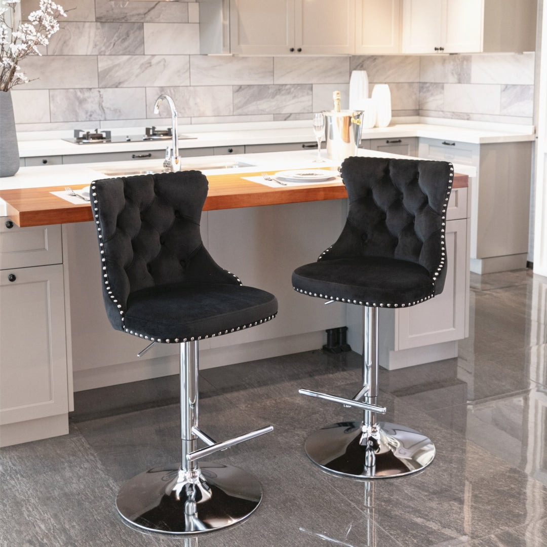 2x Height Adjustable Swivel Bar Stool Velvet Studs Barstool with Footrest and Chromed Base- Black - SILBERSHELL