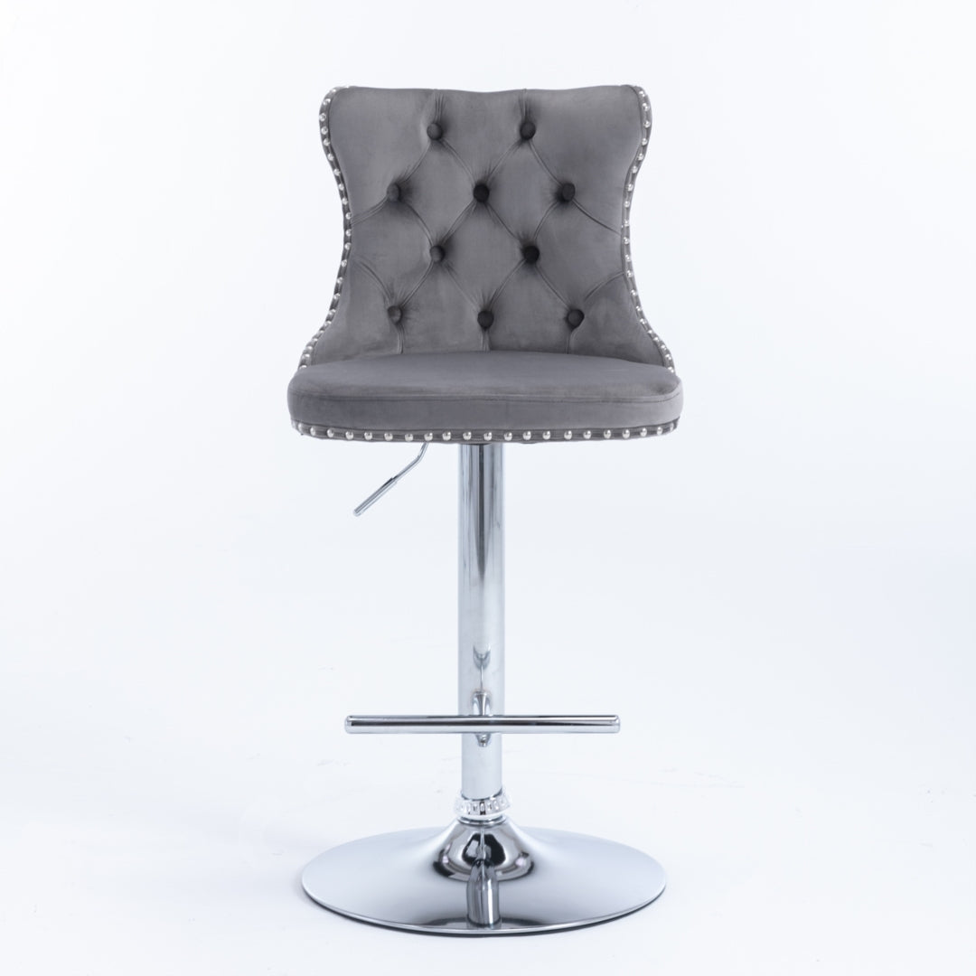 2x Height Adjustable Swivel Bar Stool Velvet Stud Barstool with Footrest and Chromed Base- Gray - SILBERSHELL