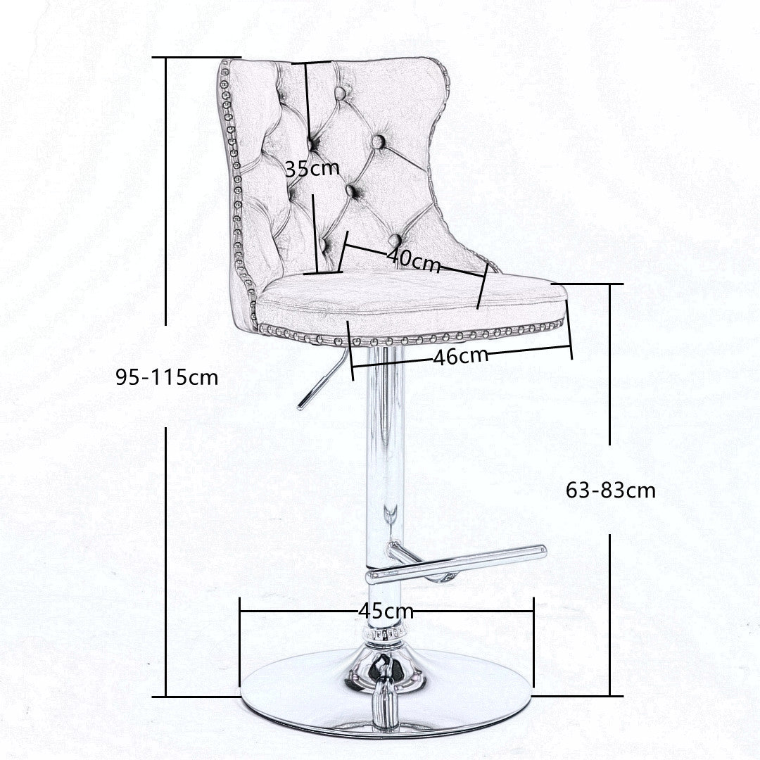 2x Height Adjustable Swivel Bar Stool Velvet Stud Barstool with Footrest and Chromed Base- Gray - SILBERSHELL