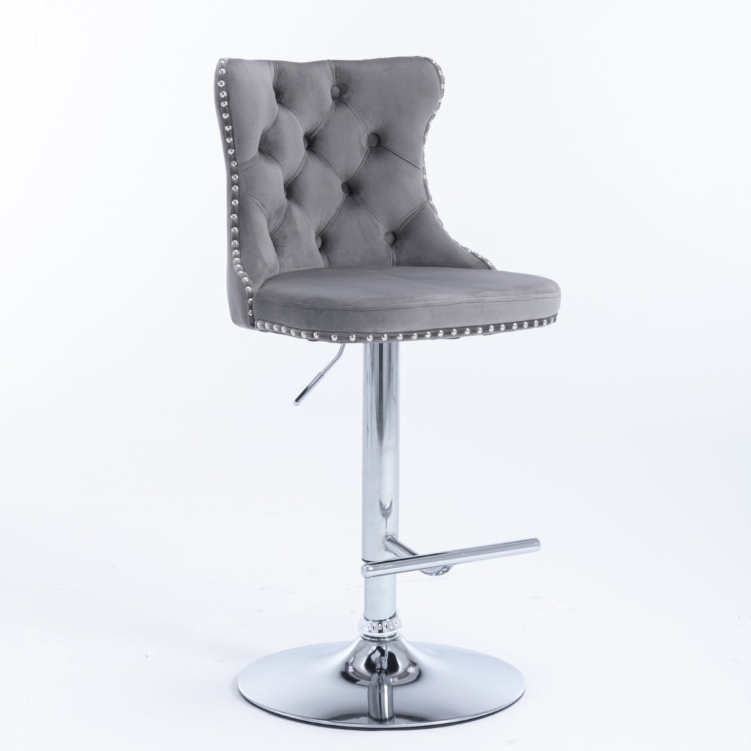 2x Height Adjustable Swivel Bar Stool Velvet Stud Barstool with Footrest and Chromed Base- Gray - SILBERSHELL