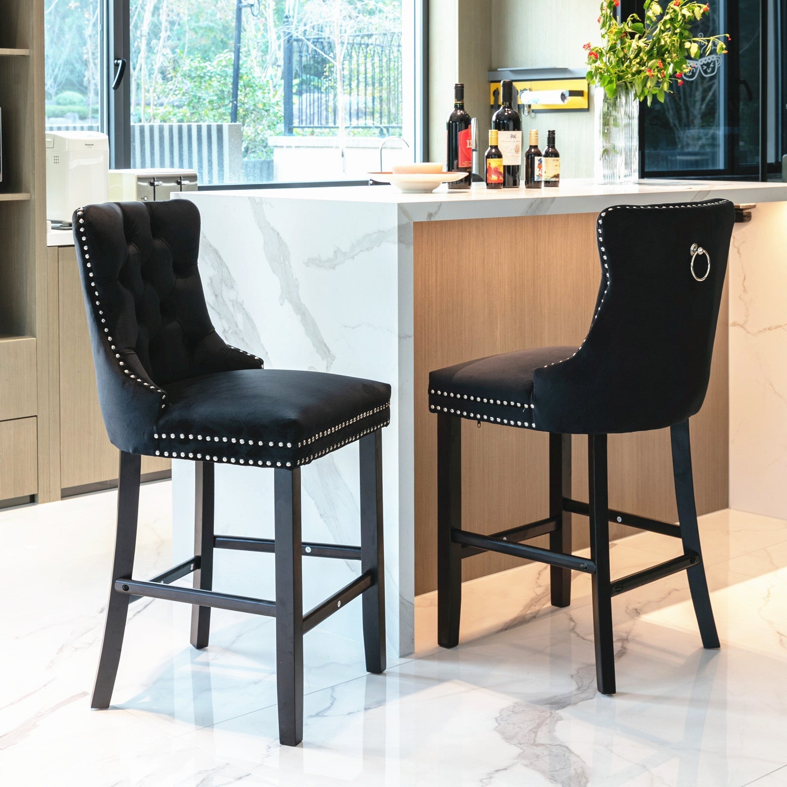 2X Velvet Bar Stools with Studs Trim Wooden Legs Tufted Dining Chairs Kitchen - SILBERSHELL