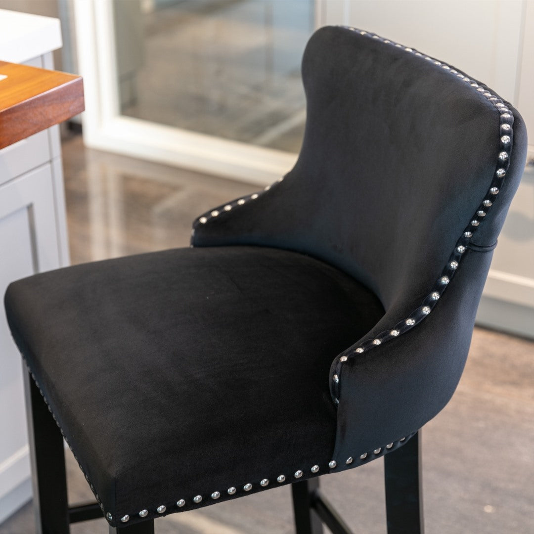 2x Velvet Upholstered Button Tufted Bar Stools with Wood Legs and Studs-Black - SILBERSHELL