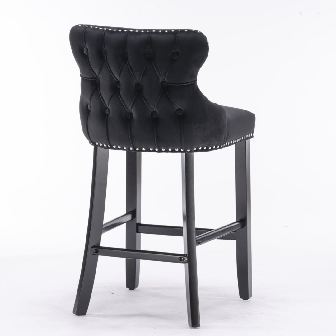 2x Velvet Upholstered Button Tufted Bar Stools with Wood Legs and Studs-Black - SILBERSHELL