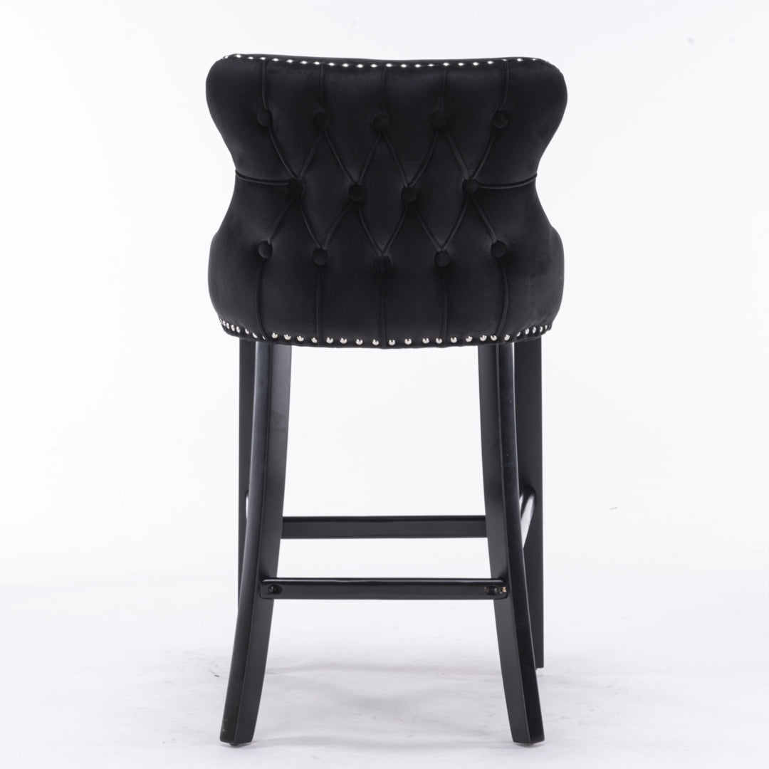 2x Velvet Upholstered Button Tufted Bar Stools with Wood Legs and Studs-Black - SILBERSHELL