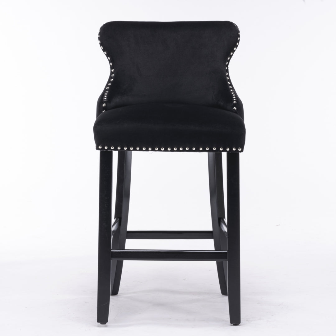 2x Velvet Upholstered Button Tufted Bar Stools with Wood Legs and Studs-Black - SILBERSHELL