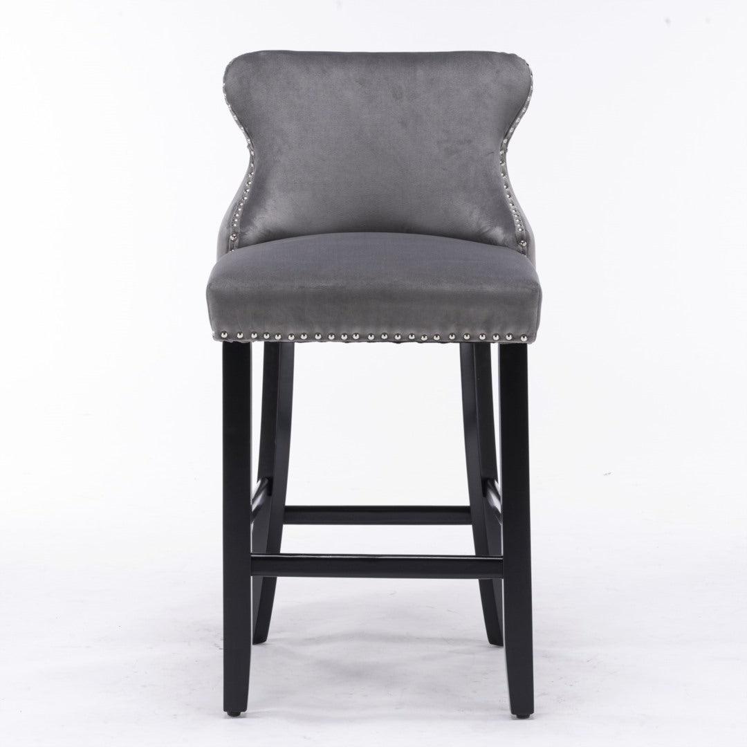 2x Velvet Upholstered Button Tufted Bar Stools with Wood Legs and Studs-Grey - SILBERSHELL