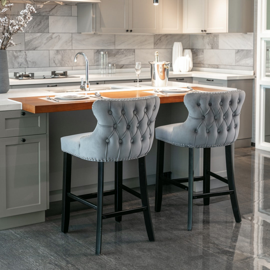 2x Velvet Upholstered Button Tufted Bar Stools with Wood Legs and Studs-Grey - SILBERSHELL