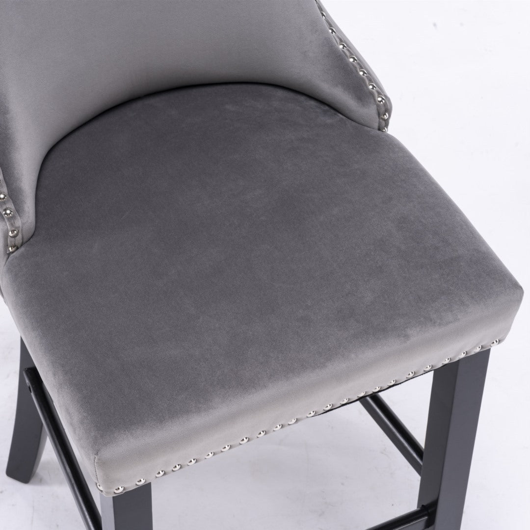 2x Velvet Upholstered Button Tufted Bar Stools with Wood Legs and Studs-Grey - SILBERSHELL