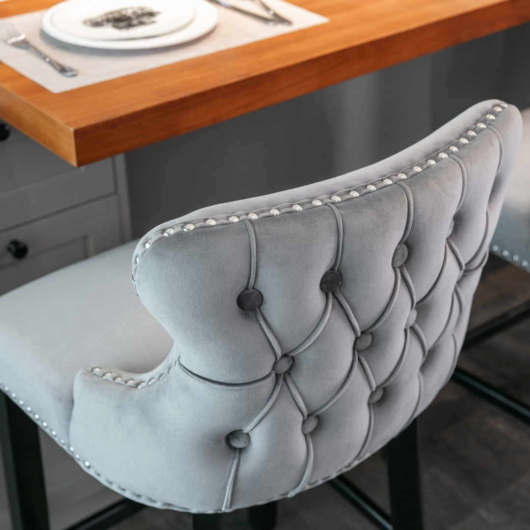 2x Velvet Upholstered Button Tufted Bar Stools with Wood Legs and Studs-Grey - SILBERSHELL