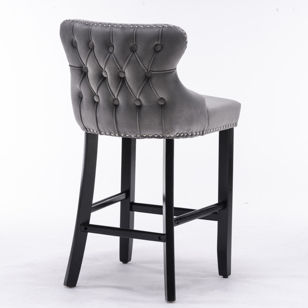 2x Velvet Upholstered Button Tufted Bar Stools with Wood Legs and Studs-Grey - SILBERSHELL