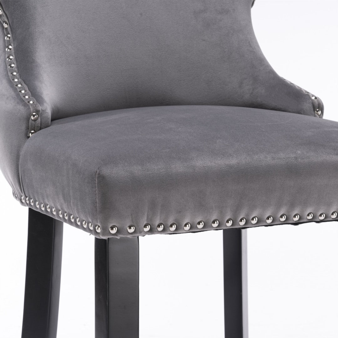 2x Velvet Upholstered Button Tufted Bar Stools with Wood Legs and Studs-Grey - SILBERSHELL