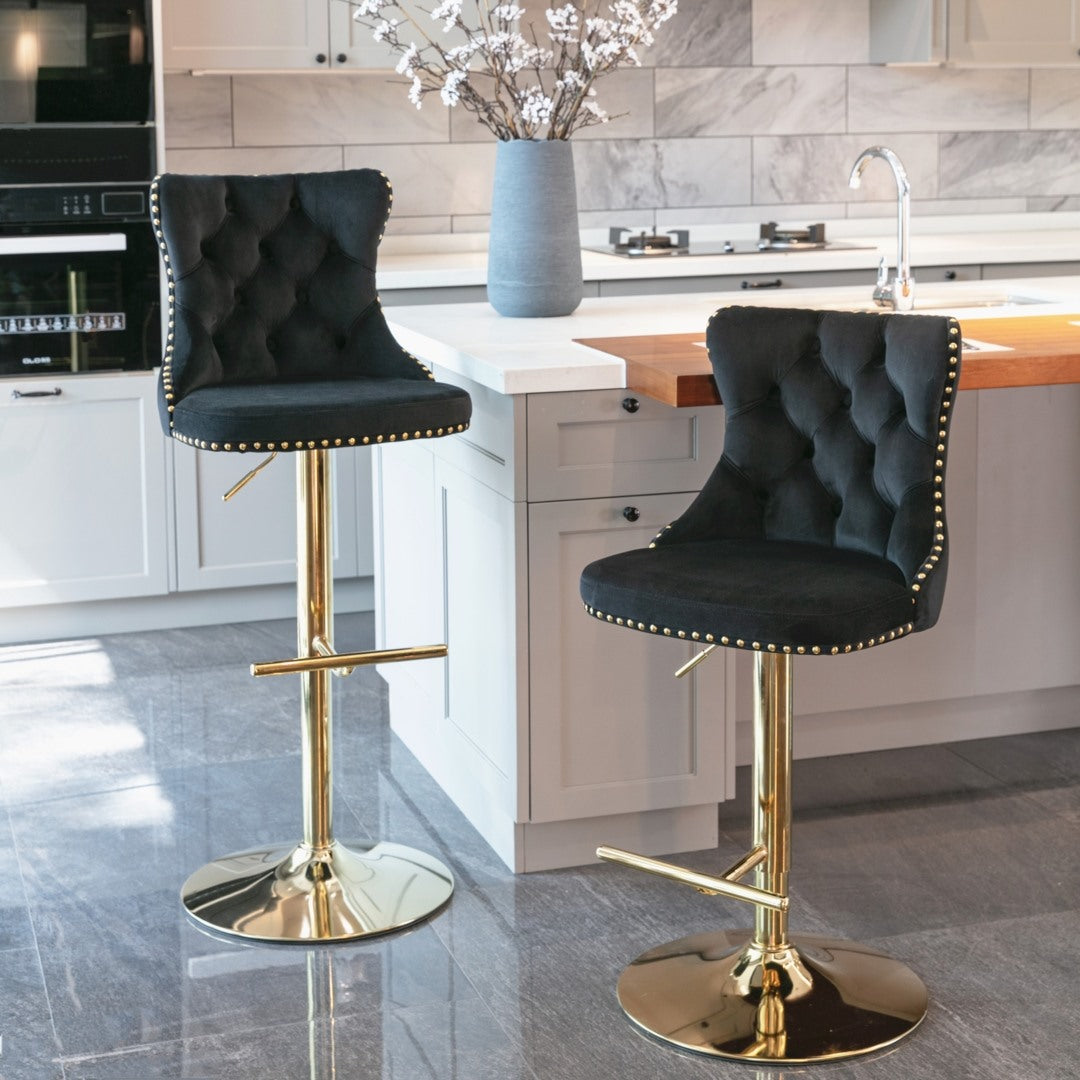 2x Height Adjustable Swivel Bar Stool Velvet Studs Barstool with Footrest and Golden Base- Black - SILBERSHELL