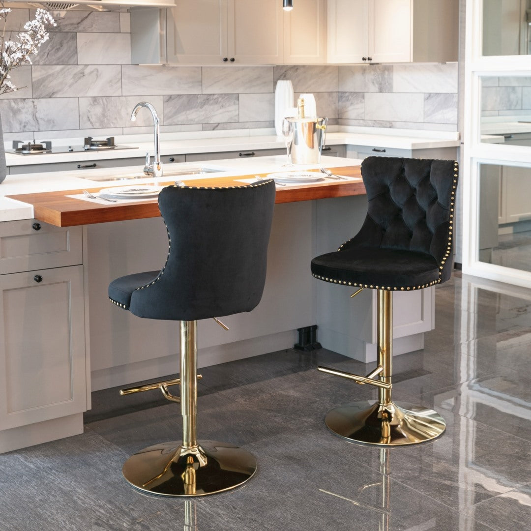 2x Height Adjustable Swivel Bar Stool Velvet Studs Barstool with Footrest and Golden Base- Black - SILBERSHELL