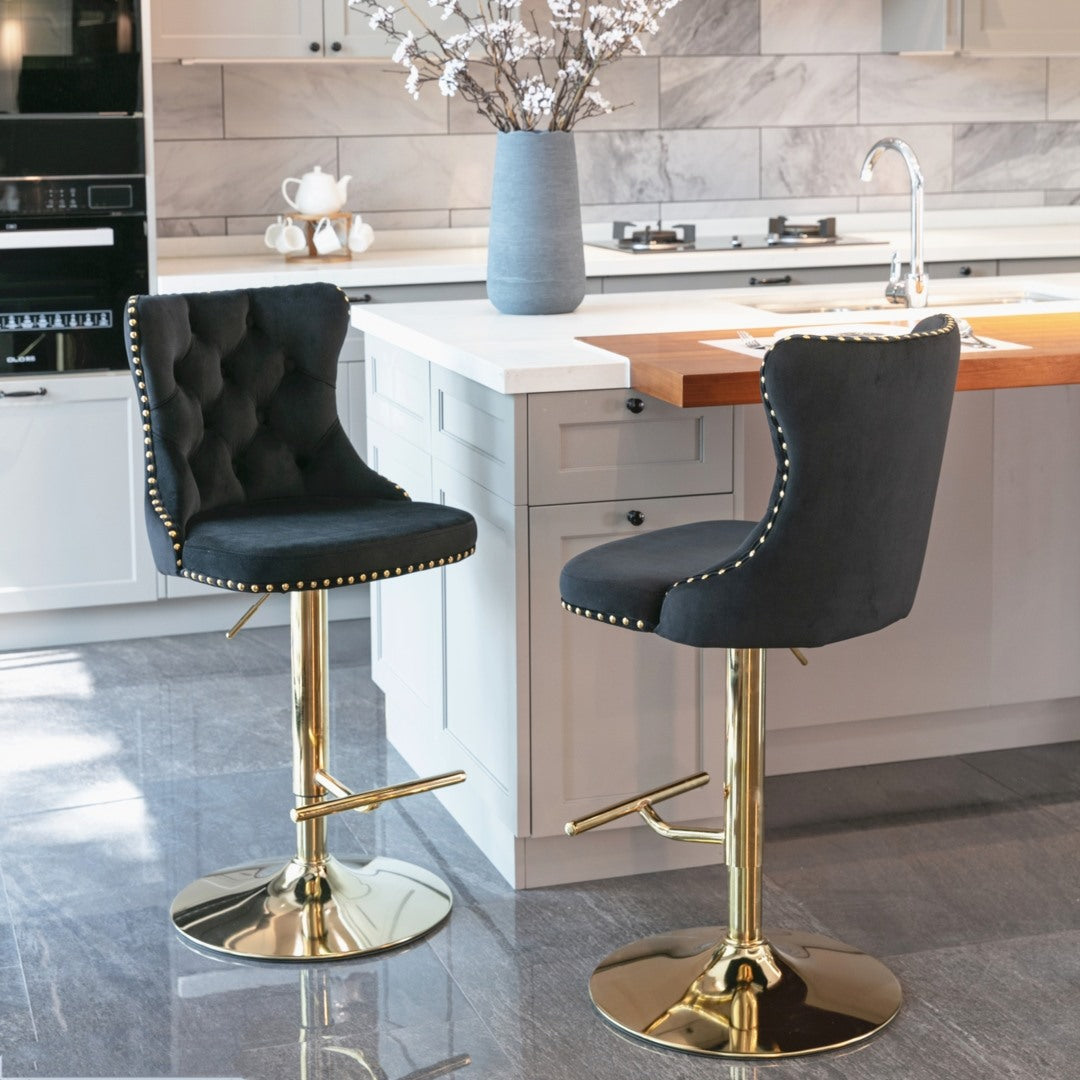 2x Height Adjustable Swivel Bar Stool Velvet Studs Barstool with Footrest and Golden Base- Black - SILBERSHELL