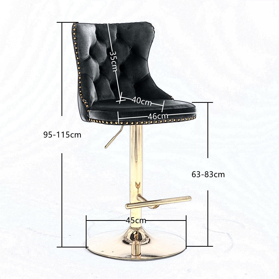 2x Height Adjustable Swivel Bar Stool Velvet Studs Barstool with Footrest and Golden Base- Black - SILBERSHELL