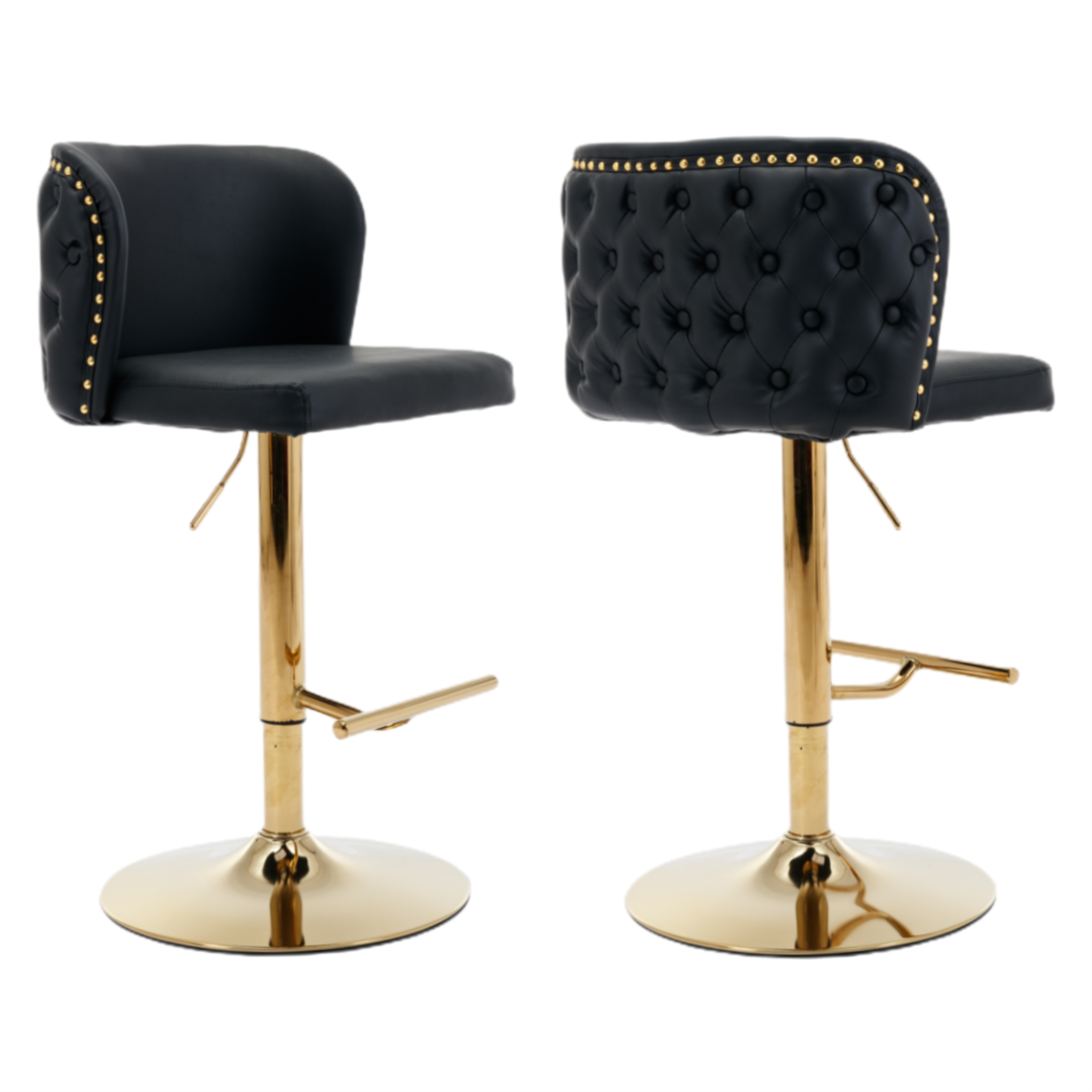 2x Faux Leather Golden Base Swivel Bar Stools- Black - SILBERSHELL