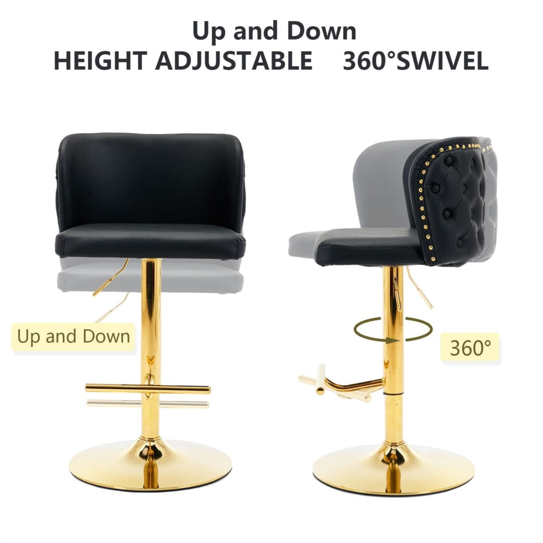 2x Faux Leather Golden Base Swivel Bar Stools- Black - SILBERSHELL