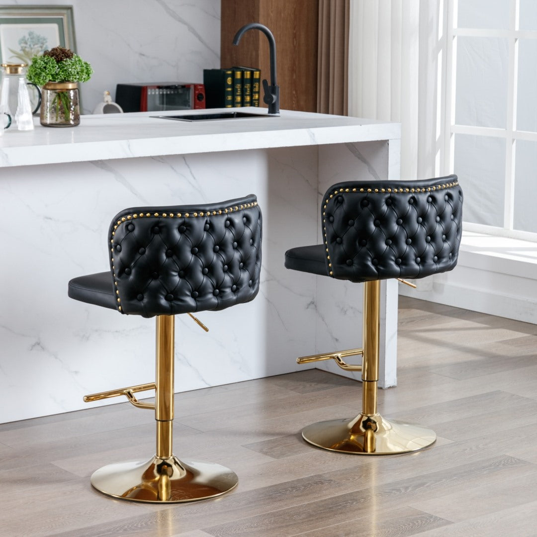 2x Faux Leather Golden Base Swivel Bar Stools- Black - SILBERSHELL