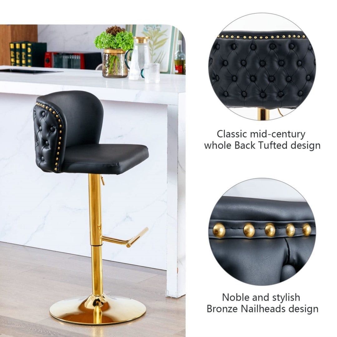 2x Faux Leather Golden Base Swivel Bar Stools- Black - SILBERSHELL