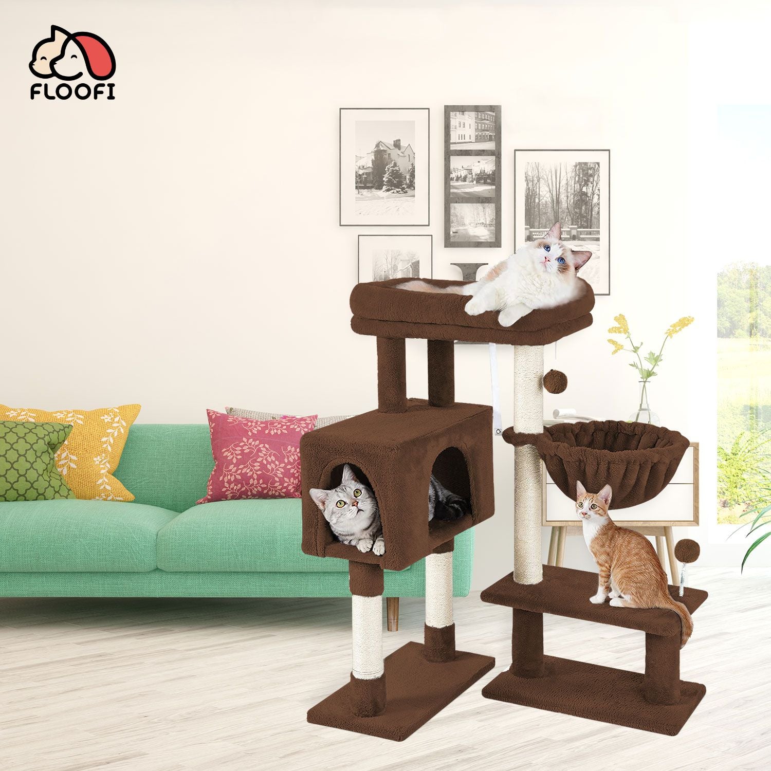 Floofi 97cm Adjustable Base Plush Cat Tree Brown FI-CT-164-ZZ - SILBERSHELL