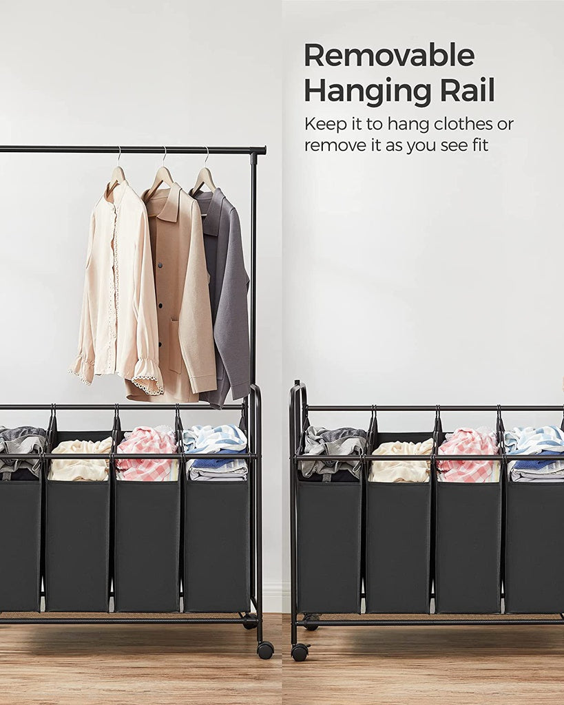 SONGMICS 4-Bag Laundry Sorter Rolling Cart with Hanging Bar Heavy-Duty Wheels Black RLS44B - SILBERSHELL
