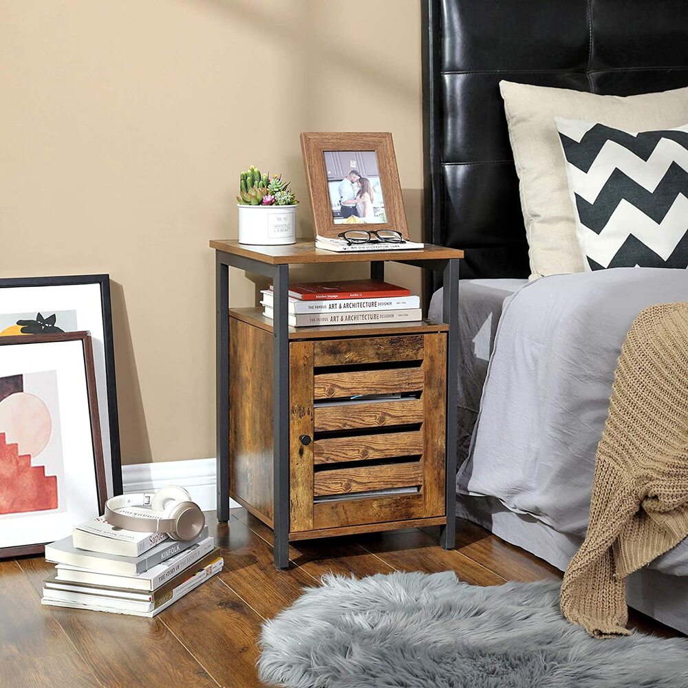 VASAGLE Nightstand Bedside Table with 2 Shelves Adjustable Shelf Steel Frame Living Room Bedroom Industrial Style Rustic Brown and Black LET62BX - SILBERSHELL