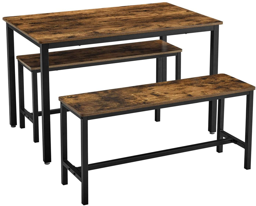 VASAGLE Dining Table Set with 2 Benches Rustic Brown and Black KDT070B01 - SILBERSHELL