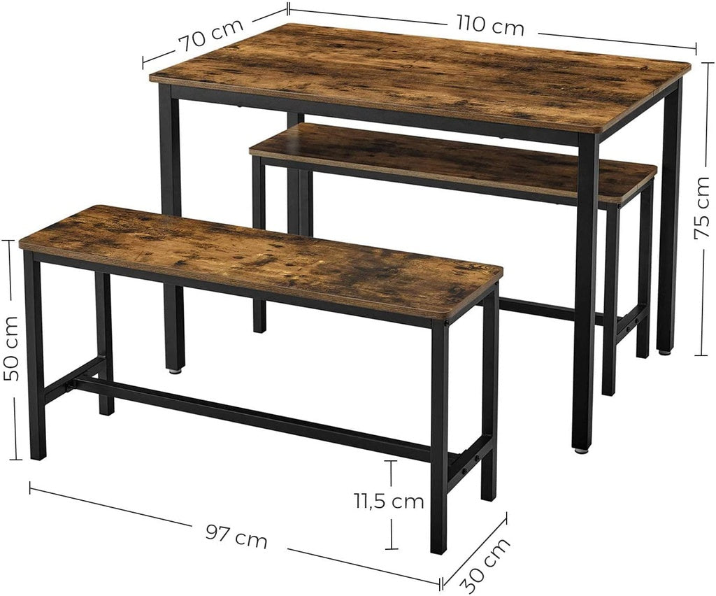 VASAGLE Dining Table Set with 2 Benches Rustic Brown and Black KDT070B01 - SILBERSHELL