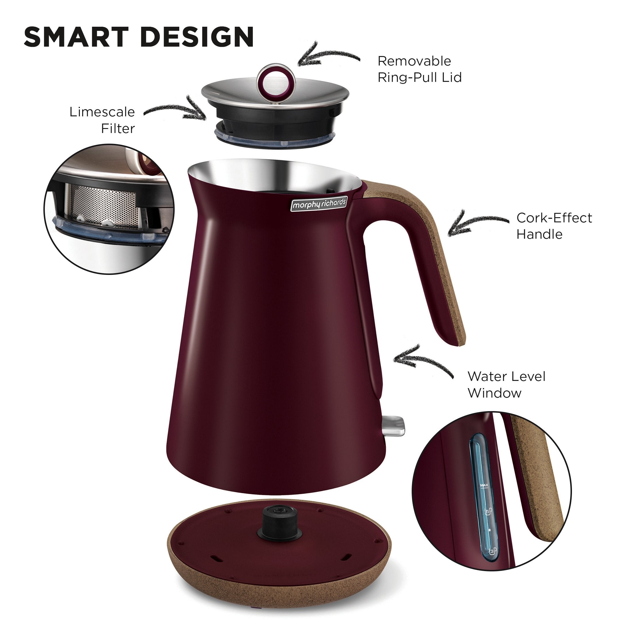 Morphy Richards 1.5L Aspect Kettle - Maroon with Cork-Effect Trim - SILBERSHELL