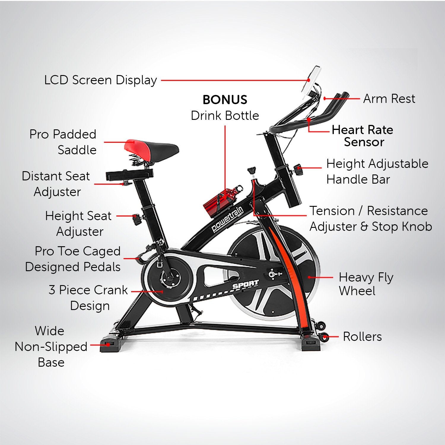 Powertrain Home Gym Flywheel Exercise Spin Bike - Black - SILBERSHELL