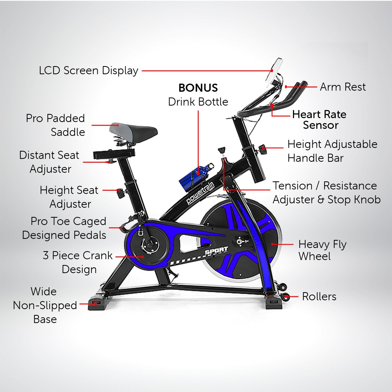 Powertrain Home Gym Flywheel Exercise Spin Bike - Blue - SILBERSHELL