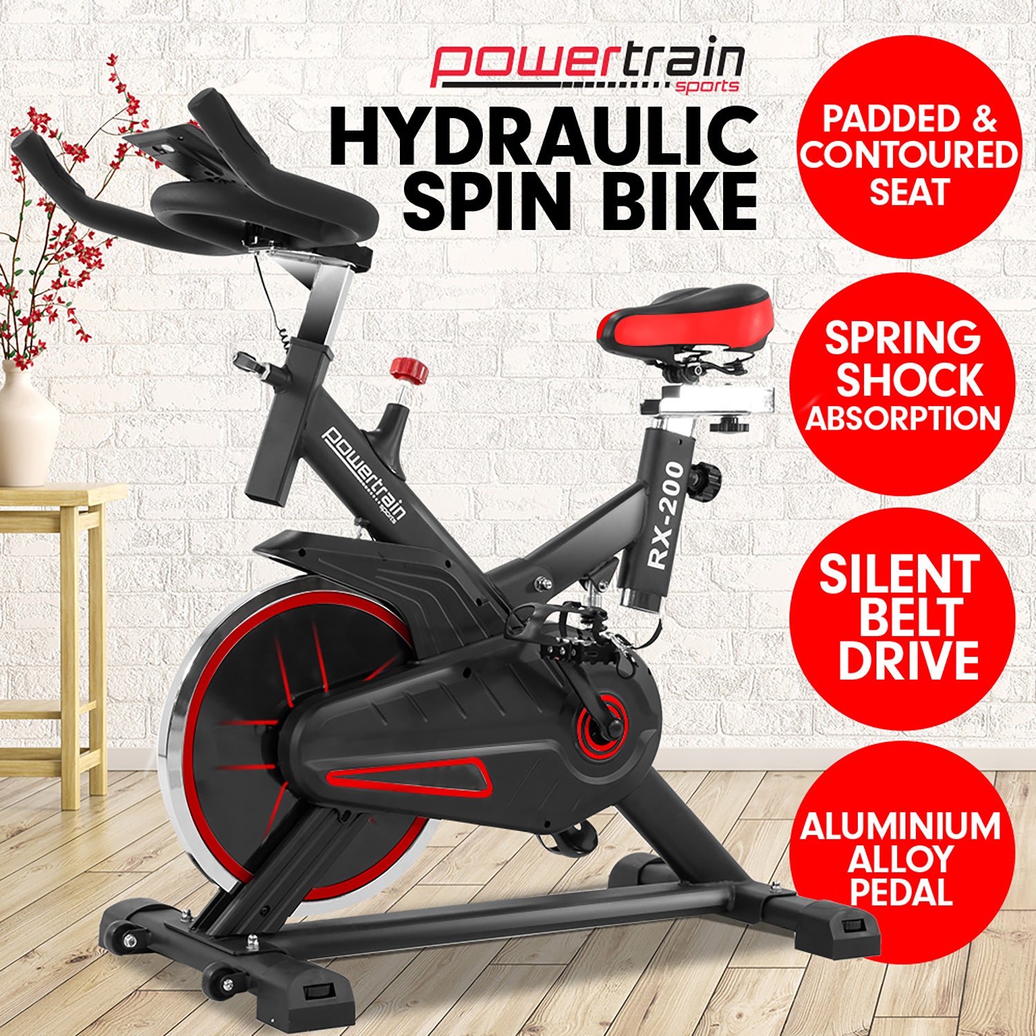 Powertrain RX-200 Exercise Spin Bike Cardio Cycling - Red - SILBERSHELL