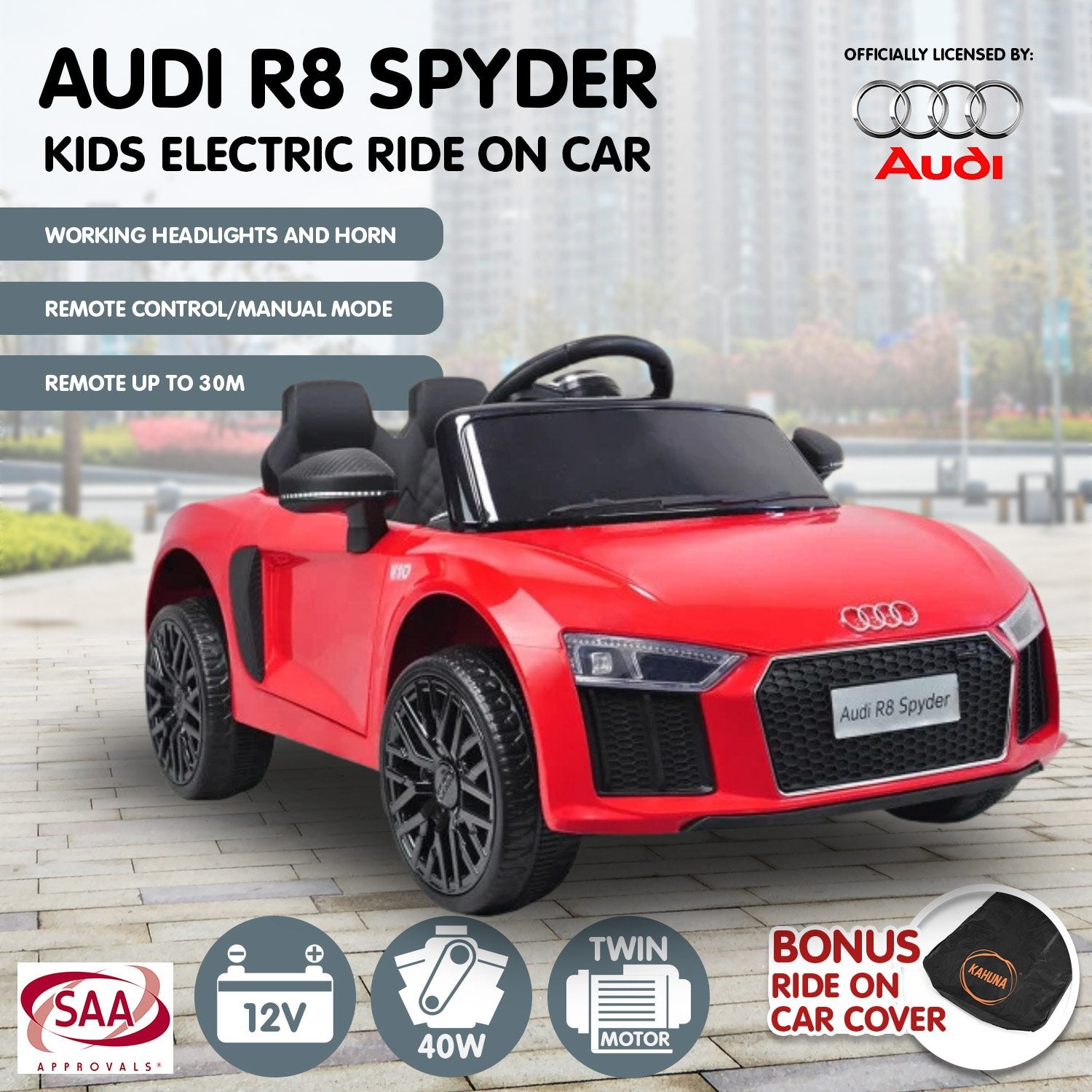 Kahuna R8 Spyder Audi Licensed Kids Electric Ride On Car Remote Control - Red - SILBERSHELL