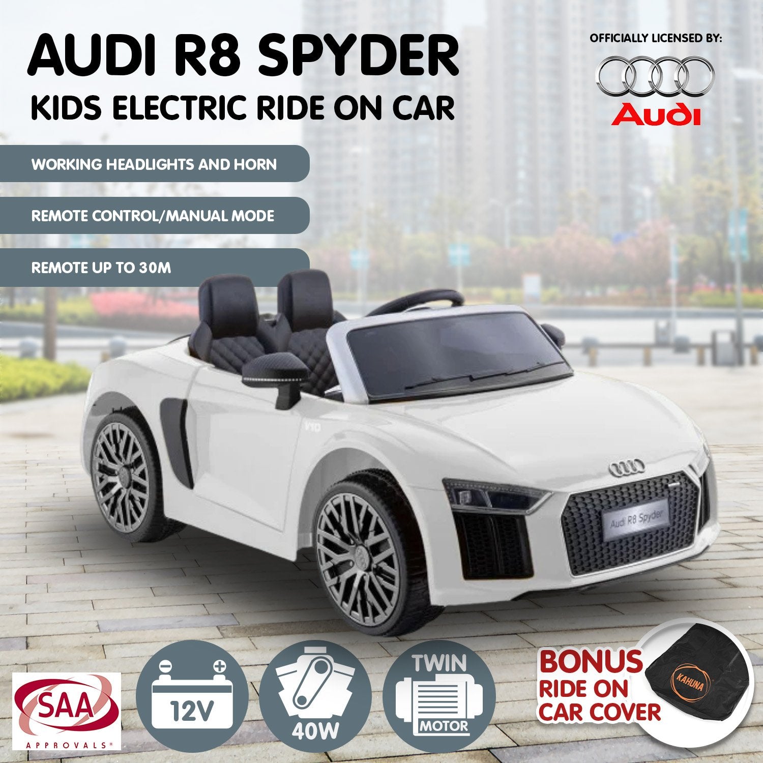 Kahuna R8 Spyder Audi Licensed Kids Electric Ride On Car Remote Control - White - SILBERSHELL