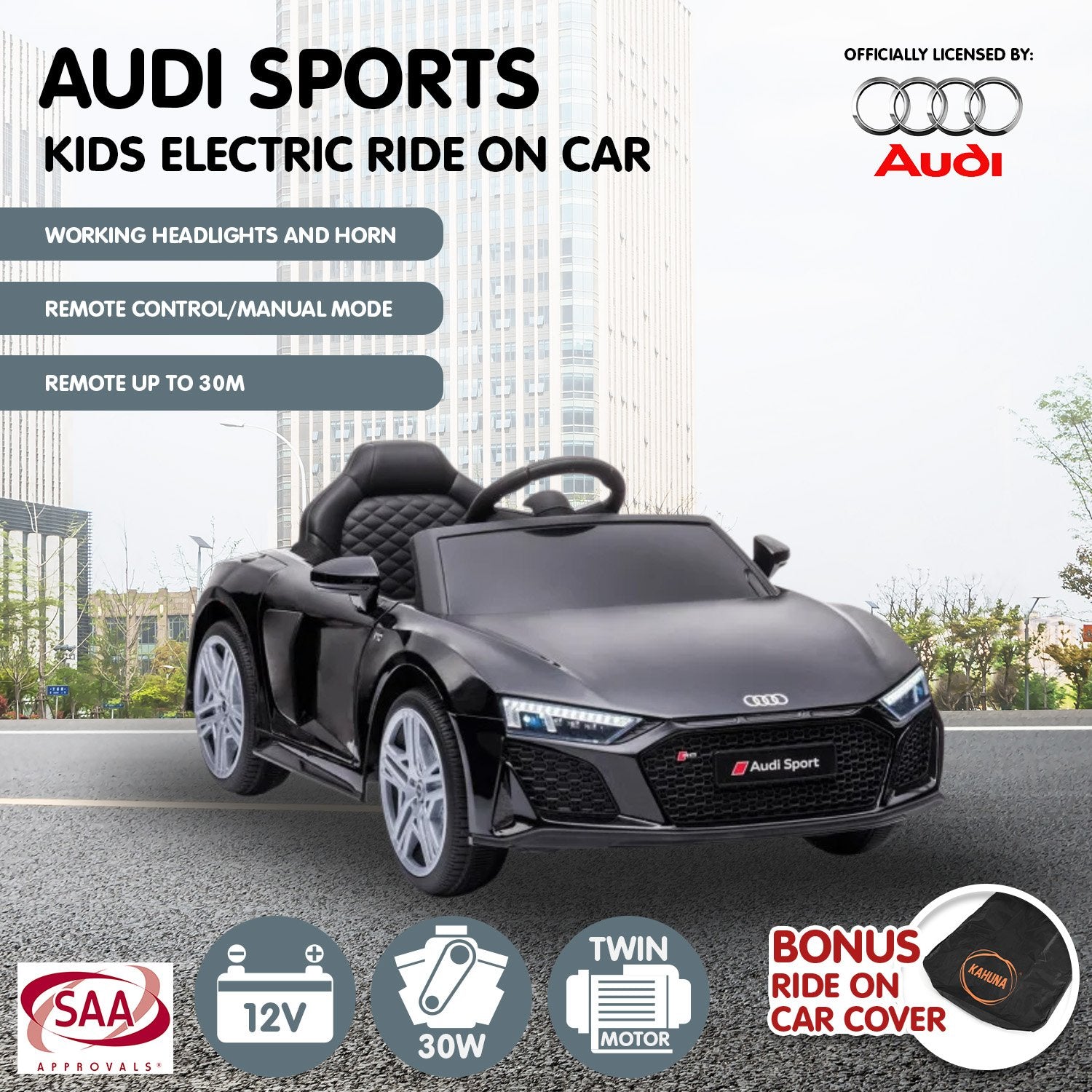 Kahuna Audi Sport Licensed Kids Electric Ride On Car Remote Control - Black - SILBERSHELL