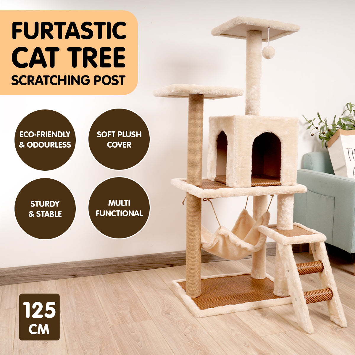 Furtastic 125cm Cat Tree Scratching Post - Beige - SILBERSHELL