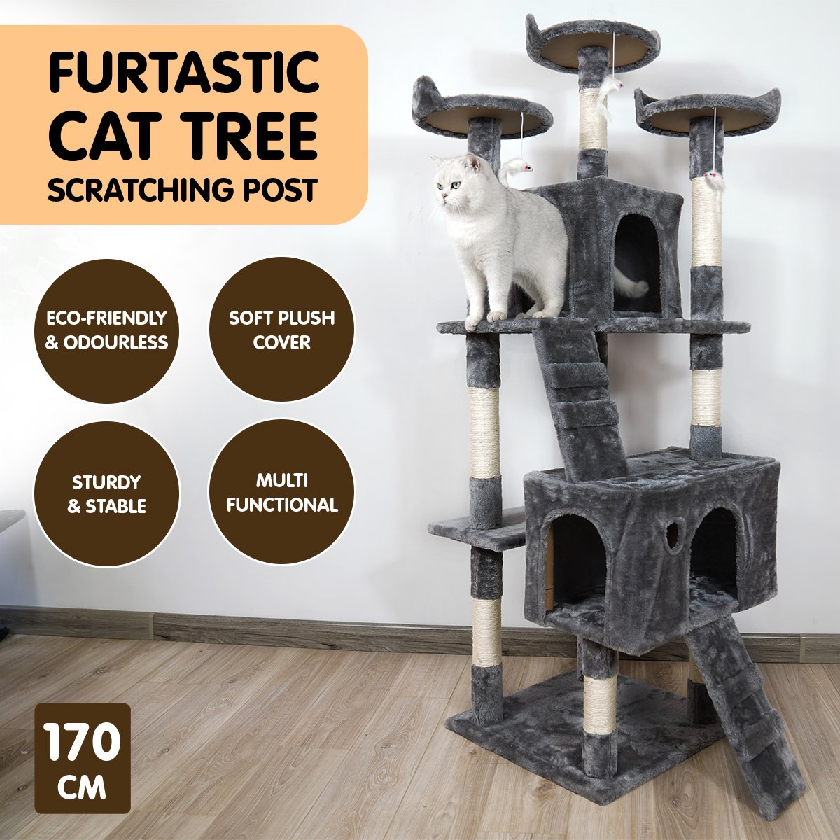 Furtastic 170cm Cat Tree Scratching Post - Dark Grey - SILBERSHELL