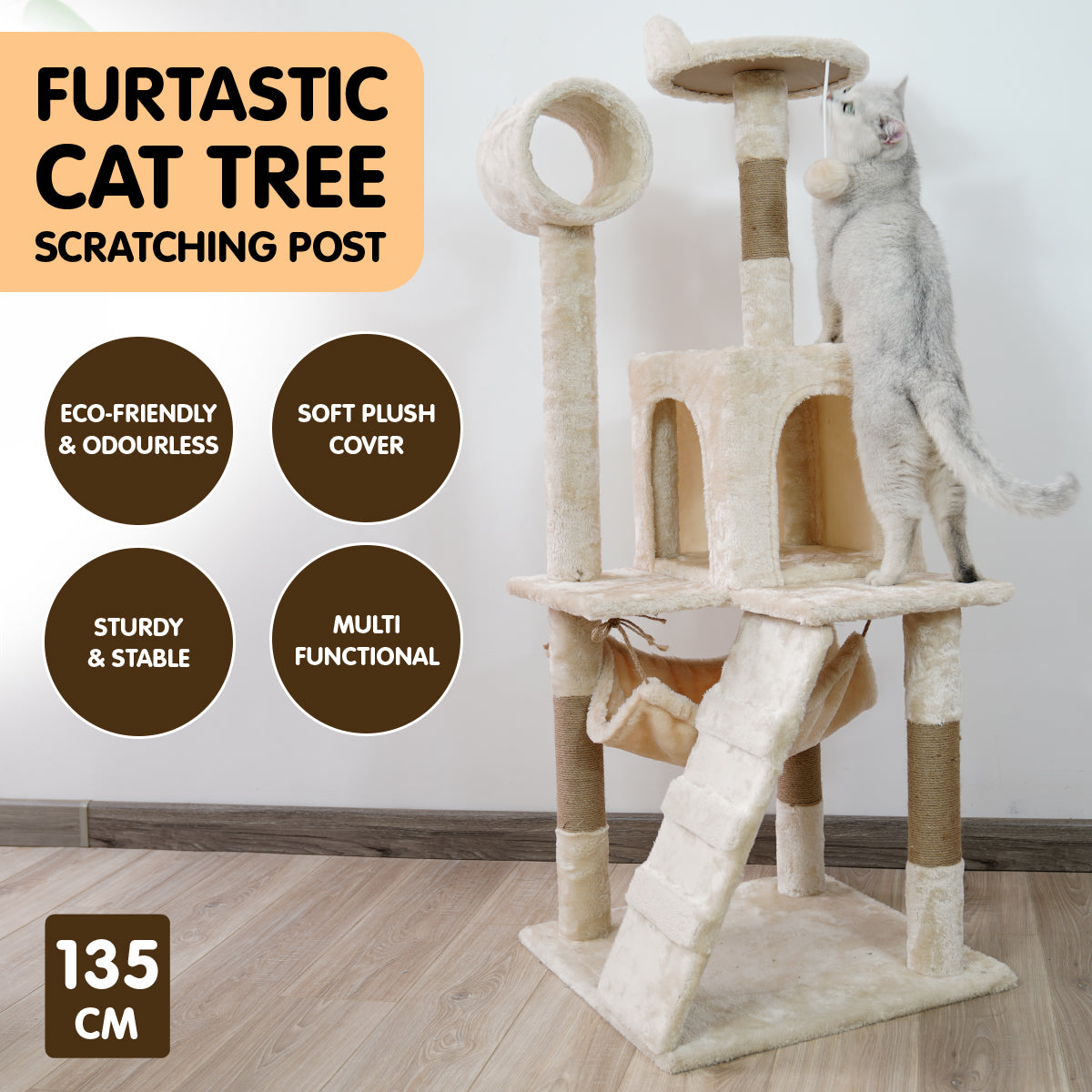 Furtastic 135cm Cat Tree Scratching Post - Beige - SILBERSHELL