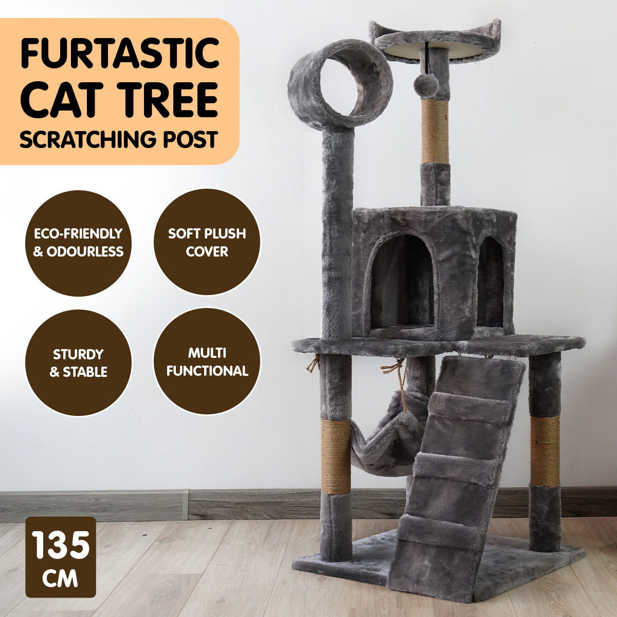 Furtastic 135cm Cat Tree Scratching Post - Dark Grey - SILBERSHELL