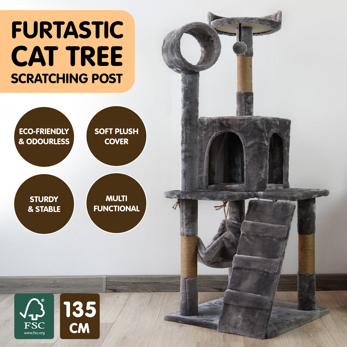 Furtastic 135cm Cat Tree Scratching Post - Dark Grey - SILBERSHELL