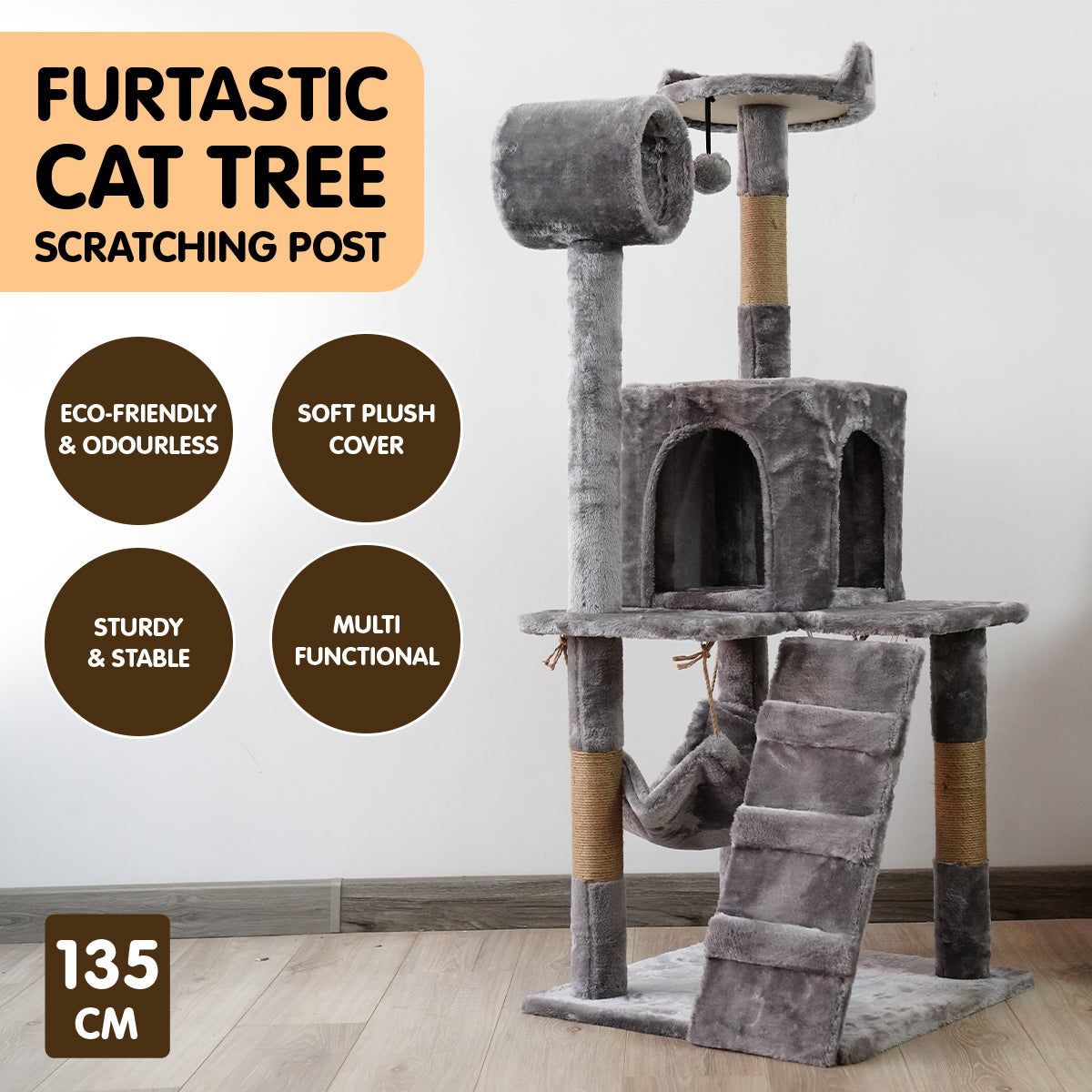 Furtastic 135cm Cat Tree Scratching Post - Silver Grey - SILBERSHELL