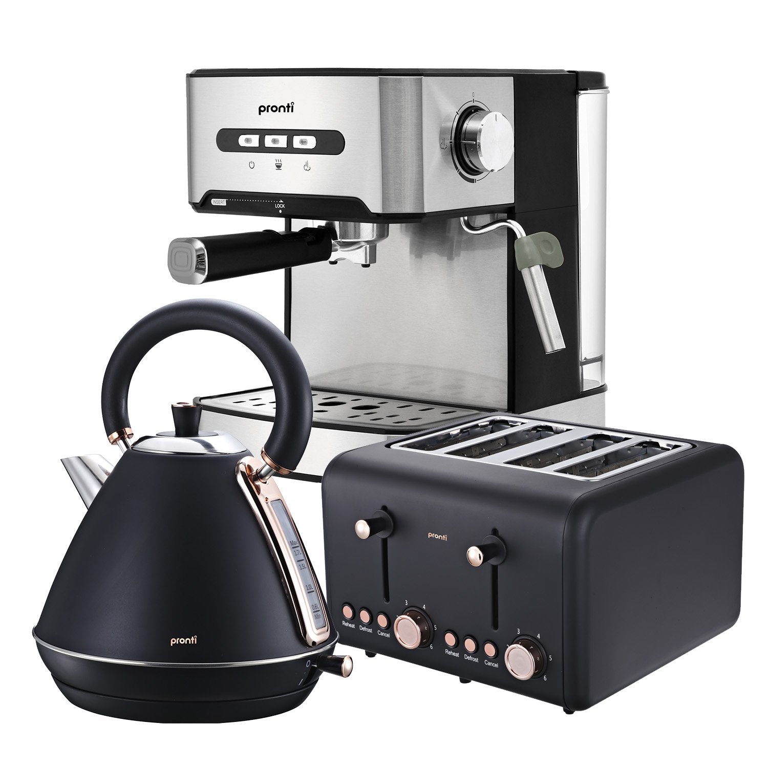 Pronti Toaster, Kettle & Coffee Machine Breakfast Set - Black - SILBERSHELL