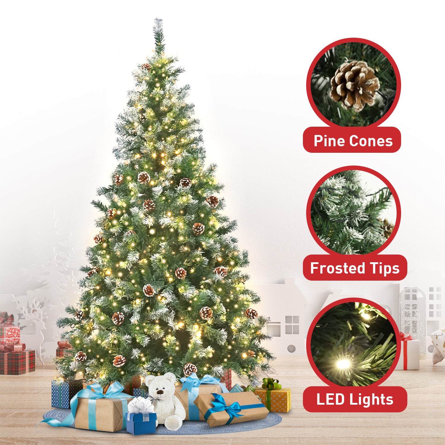 Christabelle 1.8m Pre Lit LED Christmas Tree Decor with Pine Cones Xmas Decorations - SILBERSHELL