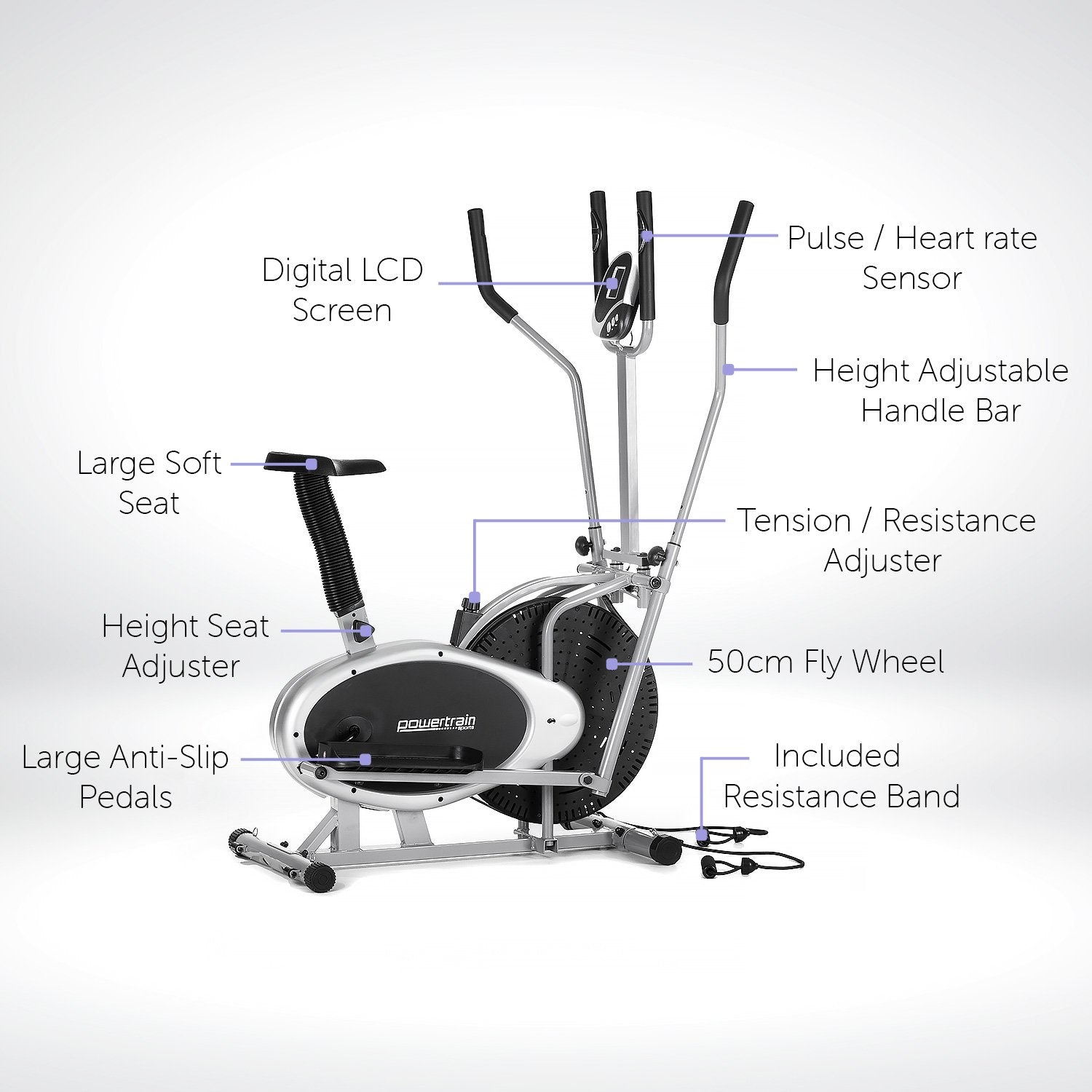 Powertrain 3-in-1 Elliptical Cross Trainer Exercise Bike with Resistance Bands - SILBERSHELL