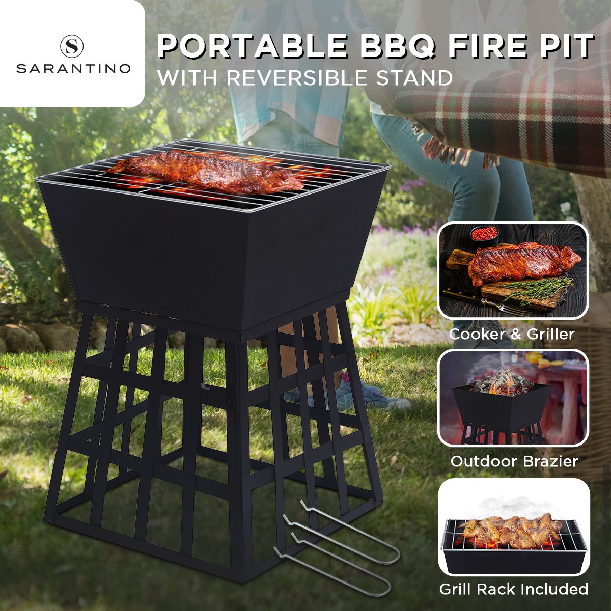 Wallaroo Outdoor Fire Pit for BBQ, Grilling, Cooking, Camping- Portable Brazier with Reversible Stand for Backyard - SILBERSHELL