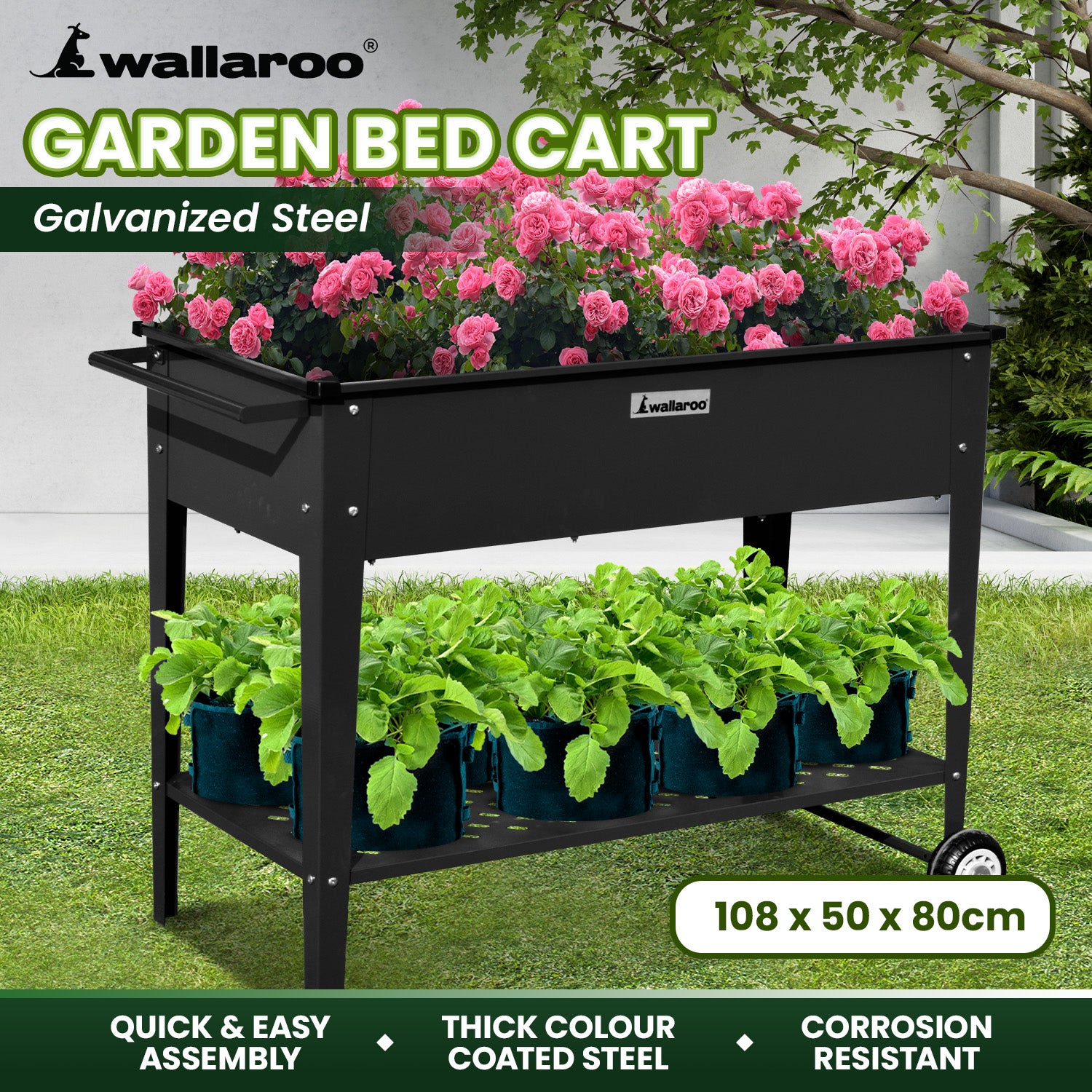 Wallaroo Garden Bed Raised 108.5 x 50.5 x 80cm Galvanized Steel  Black - SILBERSHELL