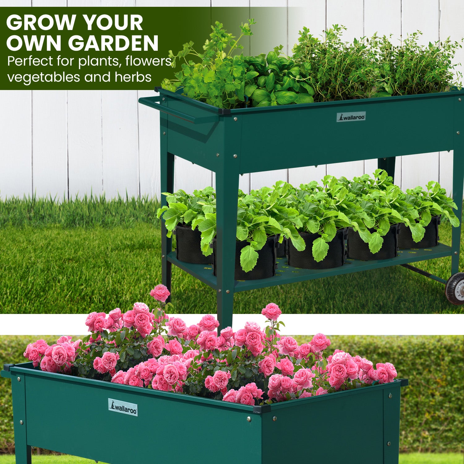 Wallaroo Garden Bed Cart Raised Planter Box 108.5 x 50.5 x 80cm Galvanized Steel - Green - SILBERSHELL