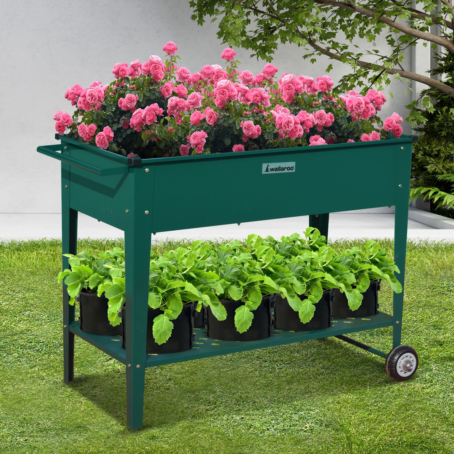 Wallaroo Garden Bed Cart Raised Planter Box 108.5 x 50.5 x 80cm Galvanized Steel - Green - SILBERSHELL