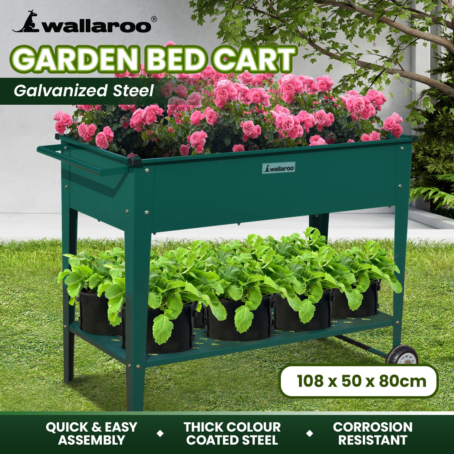 Wallaroo Garden Bed Cart Raised Planter Box 108.5 x 50.5 x 80cm Galvanized Steel - Green - SILBERSHELL