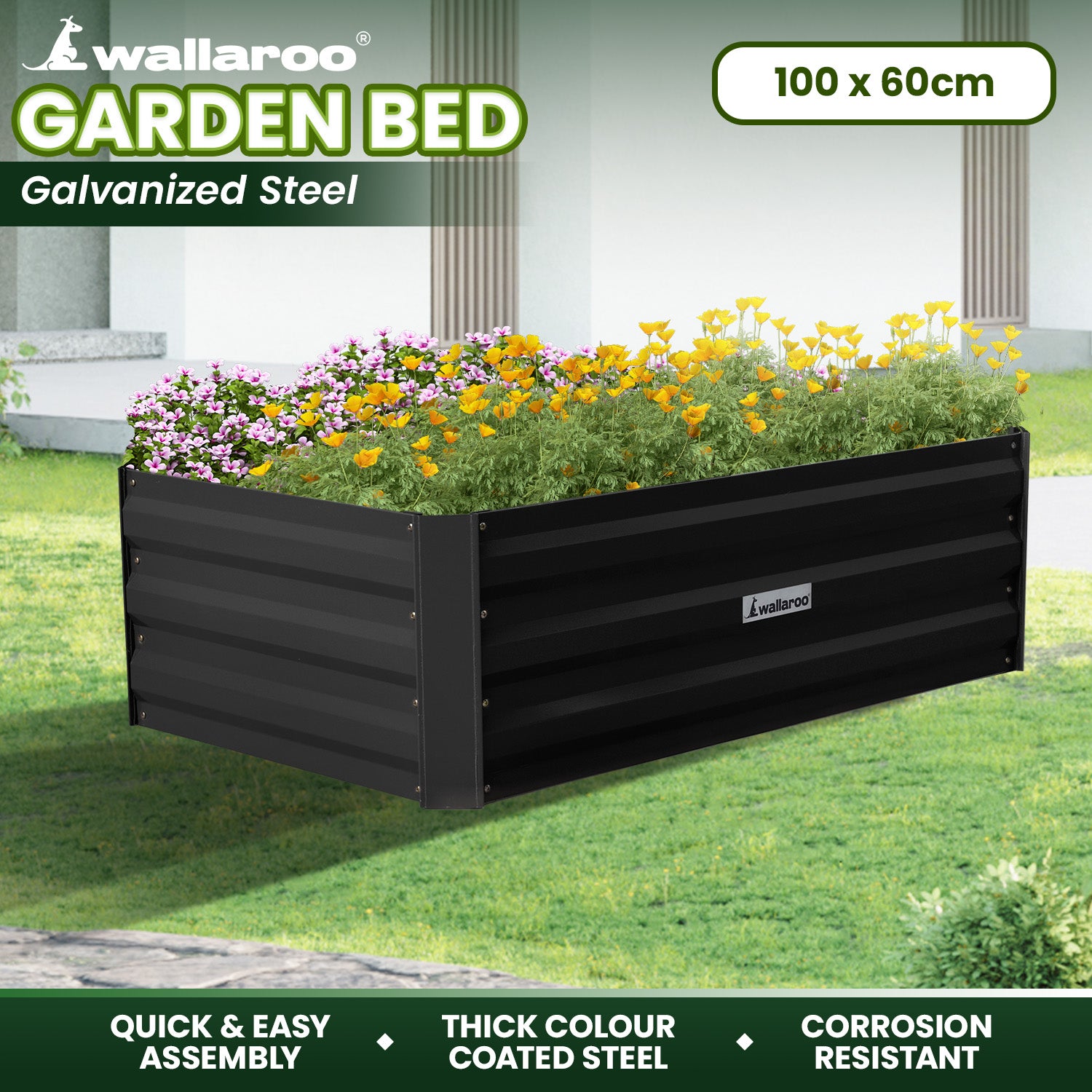 Wallaroo Garden Bed 100 x 60 x 30cm Galvanized Steel - Black - SILBERSHELL